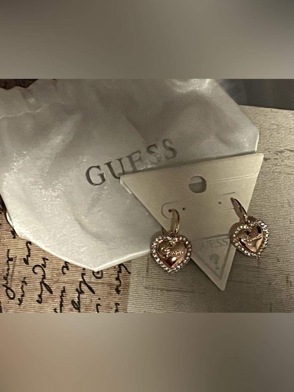 Guess Rose Gold Heart Dangle Earrings Sparkling Crystals NWT and dust bag